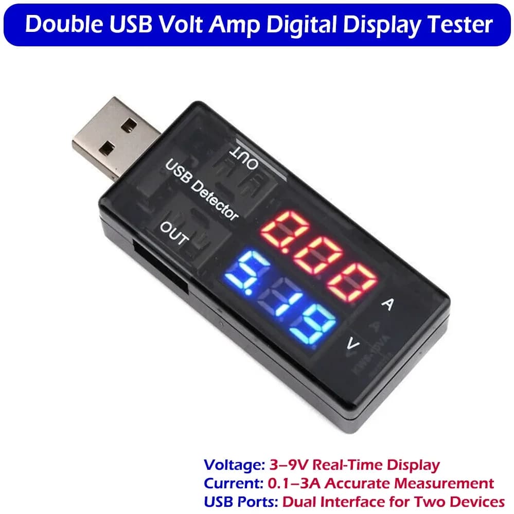 Dual USB Voltage and Current Tester 3–9V 0.1–3A Digital Display