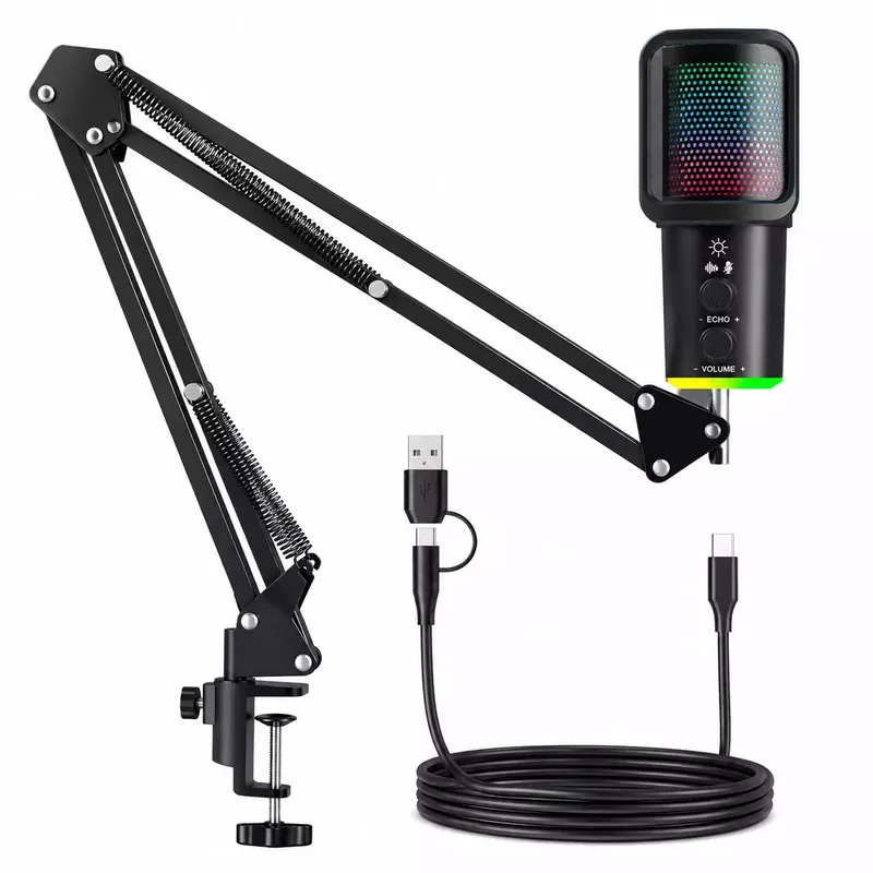 SU9 USB RGB Condenser Microphone Kit with Adjustable Boom Arm