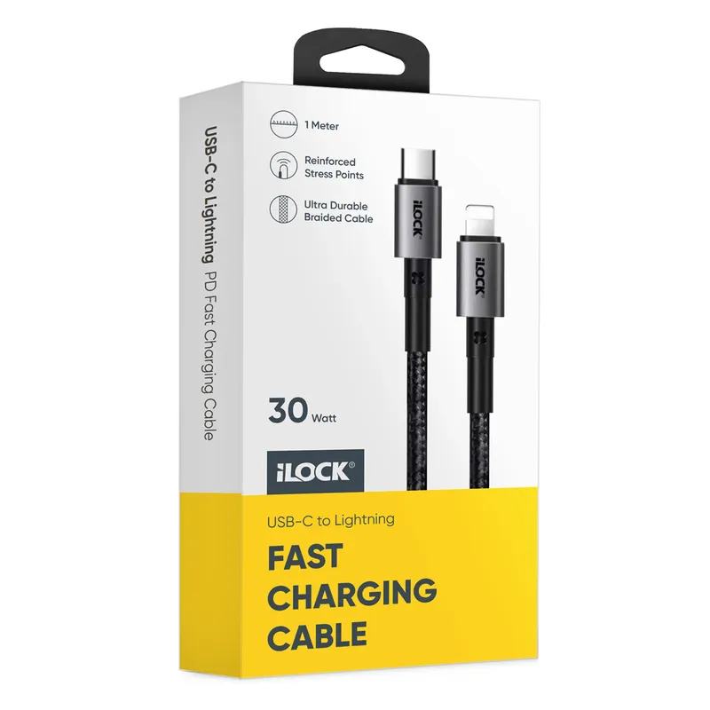 كابل iLock 5090 من USB-C إلى Lightning بقدرة 30 واط ومضفور بطول متر ولون أسود