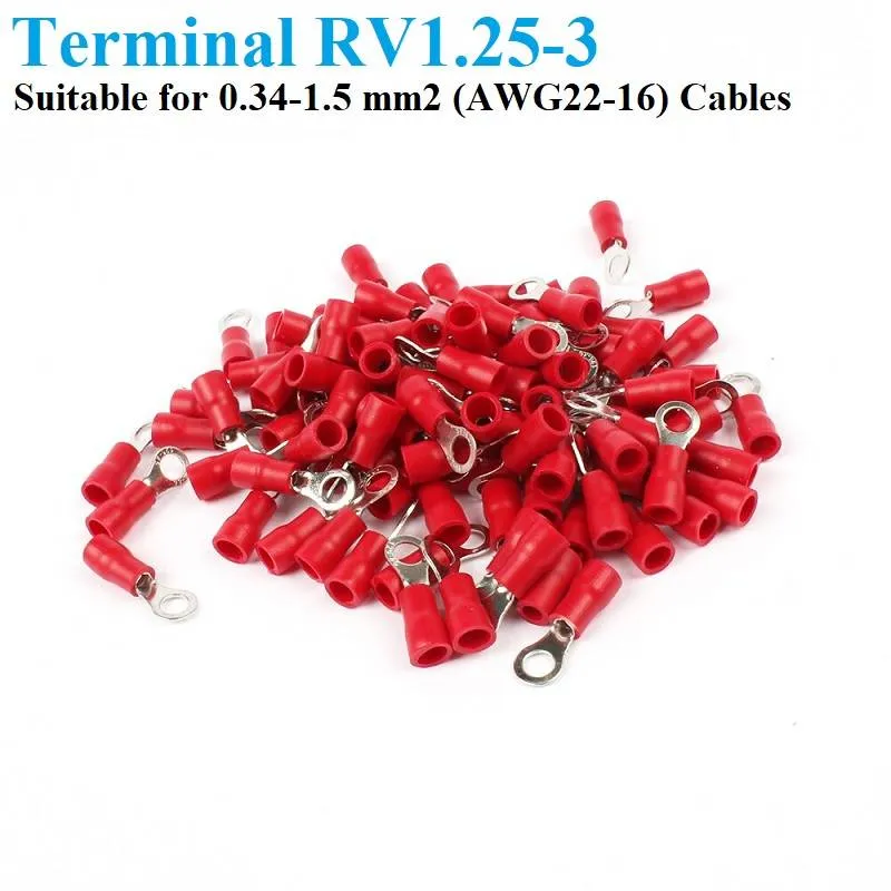 RV1.25-3 Red Insulated Ring Crimp Terminal, M3, 22-16 AWG