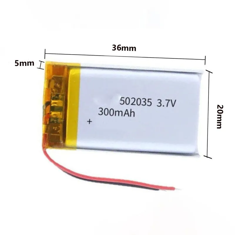 بطارية Polymer Li-Ion أحادية الخلية 3.7 فولت 300 مللي أمبير أبعاد 35×20×5 مم (502035)