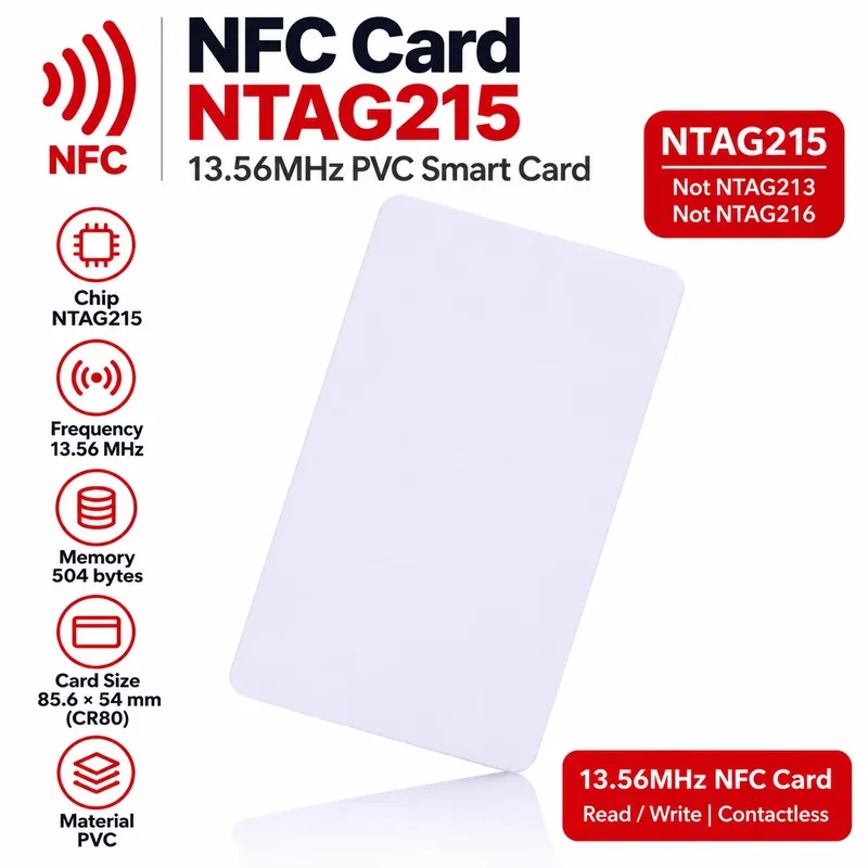 بطاقة NFC من نوع NTAG215 بتردد 13.56MHz وبلاستيك PVC أبيض