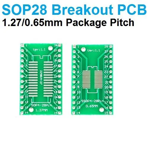 SOP-28 SMD Breakout Adapter PCB, 0.65/1.27mm to 2.54mm Pins