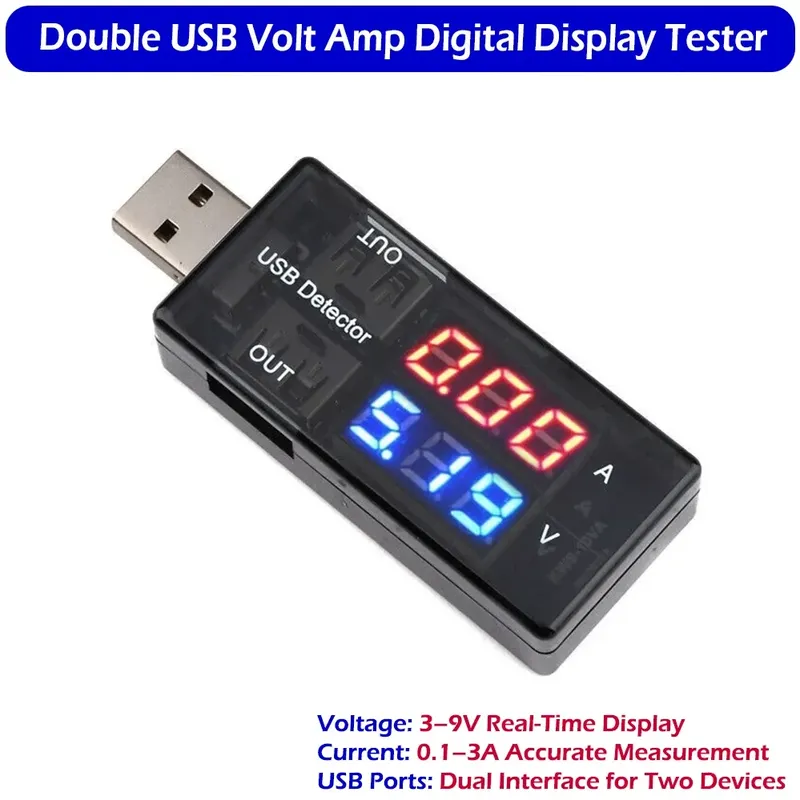 جهاز اختبار جهد وتيار USB مزدوج بشاشة رقمية (3–9 فولت، 0.1–3 أمبير)