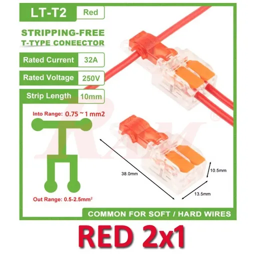 WAGO T-Tap 2x1 Red 0.75-1mm² Lever Connector LT-T2-RED