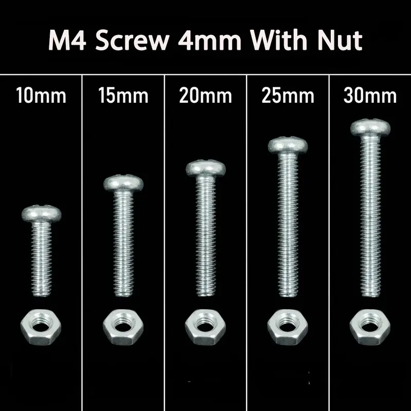 M4 Screw with Nut Set 10pcs, Lengths 10–30mm
