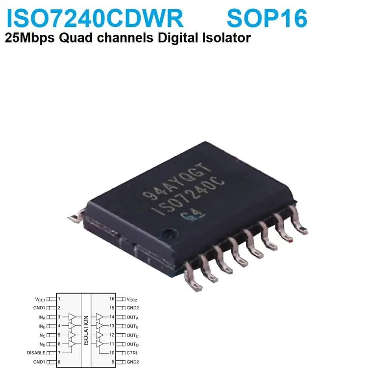 ISO7240CDWR Quad-Channel 25 Mbps Digital Isolator, SOIC-16