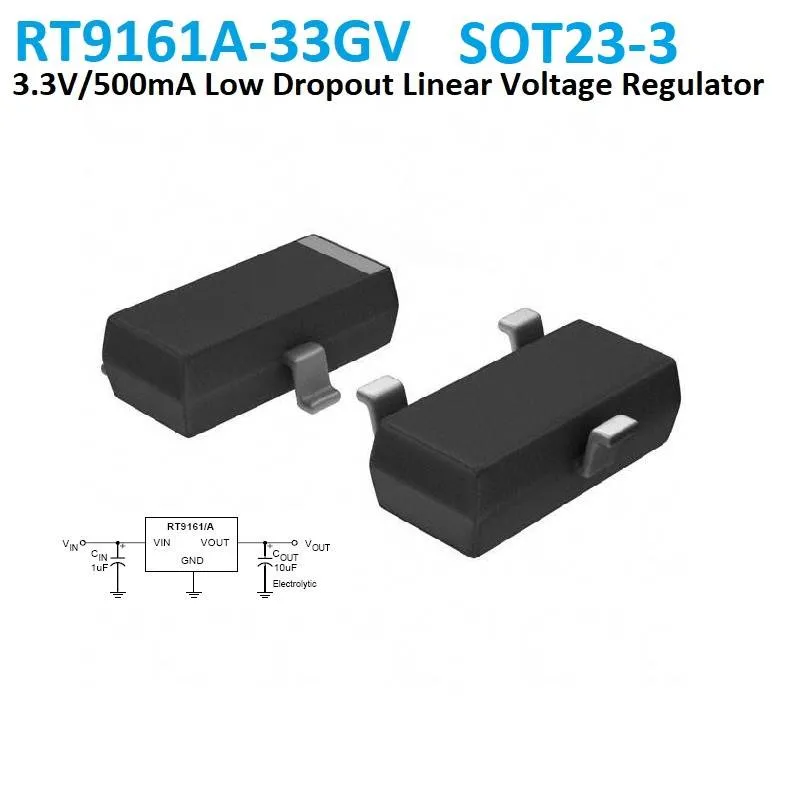 منظم جهد RT9161A-33GV بخرج 3.3 فولت و500 مللي أمبير SOT-23-3