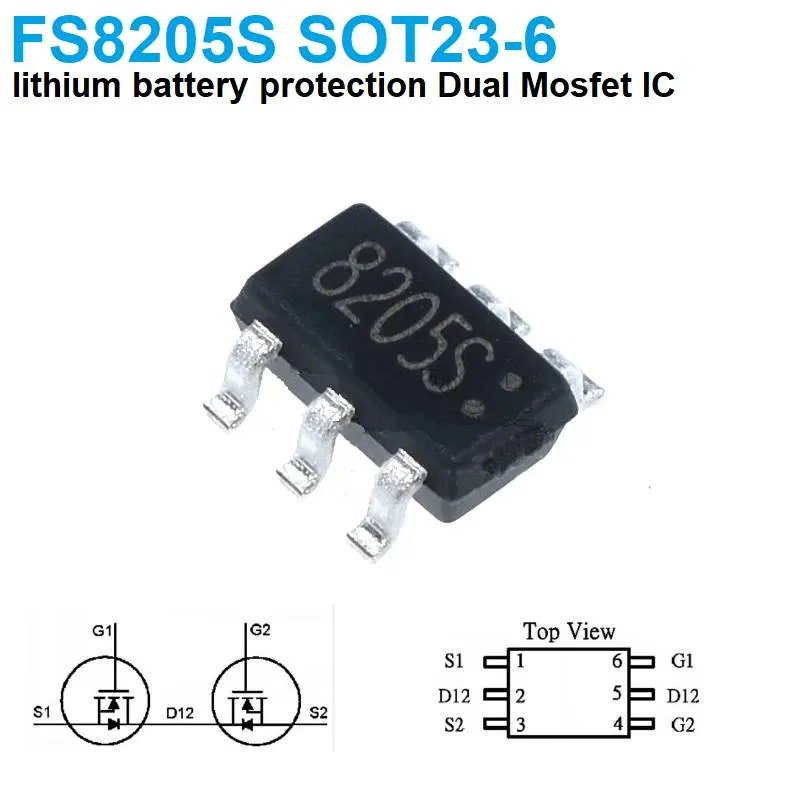 FS8205S Dual N-Channel MOSFET Li-ion Protection IC, SOT23-6
