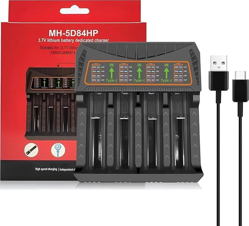 شاحن MH-5D84HP بأربع فتحات ومنفذ USB-C لبطاريات الليثيوم 18650 و21700