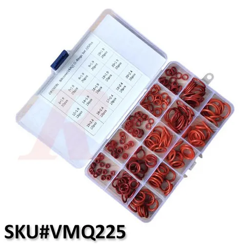 Red VMQ Silicone O-Ring Set, 200°C, 225 pcs (VMQ225)