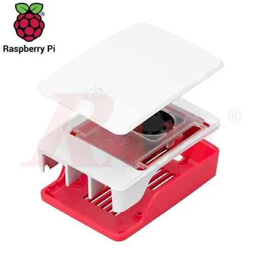 علبة Raspberry Pi 5 ثلاثية الطبقات من ABS مع مروحة باللونين الأحمر والأبيض