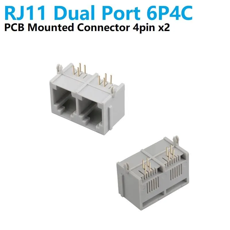 RJ11 6P4C Dual Port Female Telephone Connector, PCB Mount