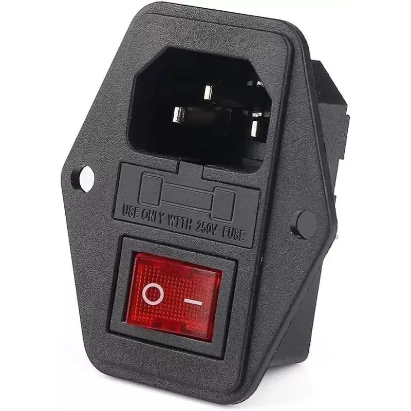 Panel Mount AC Inlet, Fuse Holder & Red Switch 250VAC 10A 3-Pin