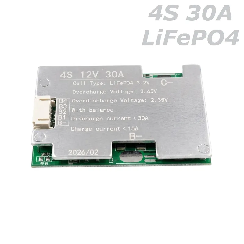 وحدة حماية BMS لبطاريات LiFePO4 بتكوين 4S وتيار 30 أمبير مع موازنة الخلايا