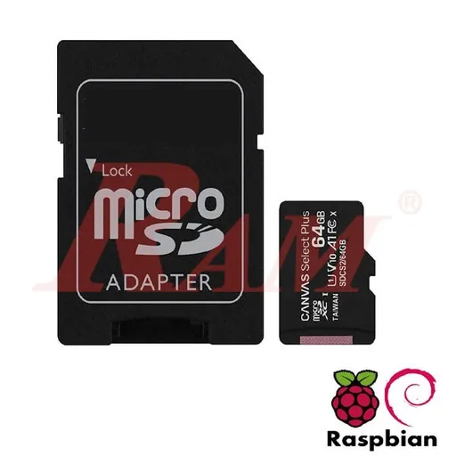 بطاقة Micro SD سعة 64 جيجابايت مع نظام Raspbian لـ Raspberry Pi