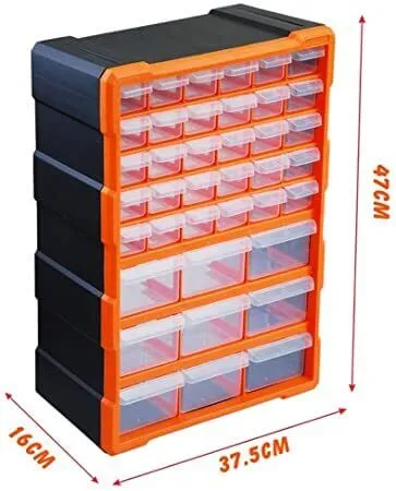 Clear Plastic Organizer Box 39 Drawers 38x16x47 cm (Blue or Orange)