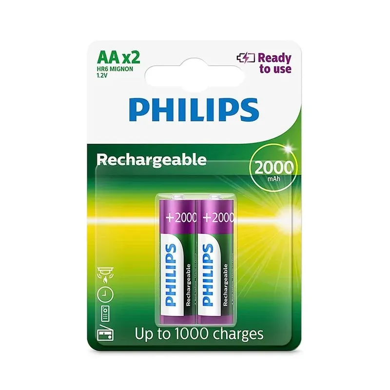 بطارية PHILIPS قابلة لإعادة الشحن NiMH مقاس AA 1.2 فولت 2000 مللي أمبير (عبوة من 2)