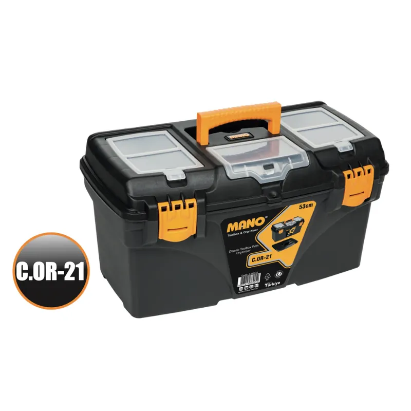 MANO C.OR-21 Black Plastic Tool Box with Top Organizers, 21 Inch