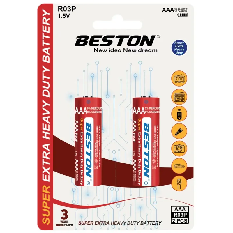 بطاريات BESTON AAA R03S بجهد 1.5 فولت زنك-كربون، عبوة كارت من قطعتين