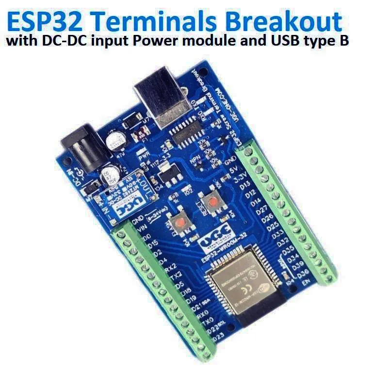 لوحة ESP32 بأطراف توصيل بمسامير ومحول DC-DC بتيار 2 أمبير