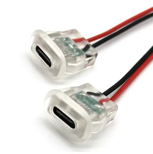 موصل طاقة USB Type-C أنثى 5 فولت مضيء مع أسلاك حمراء وسوداء
