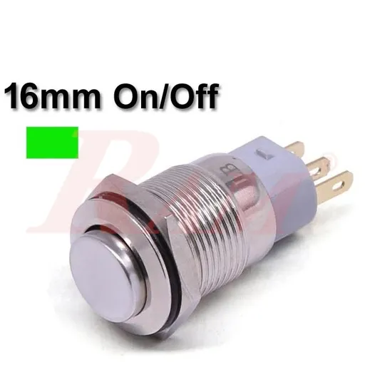 مفتاح تشغيل/إيقاف معدني 16 مم بحلقة LED خضراء وحماية IP67 بتصنيف 3A