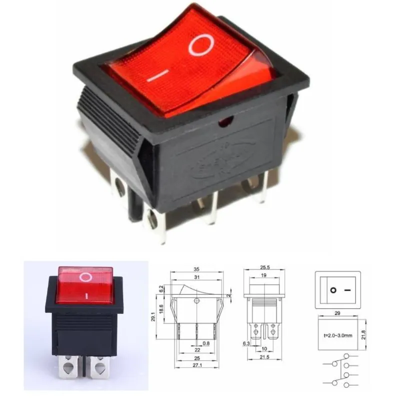 مفتاح روكر 6 أطراف DPDT ON-OFF بقدرة 16 أمبير KCD4-202N