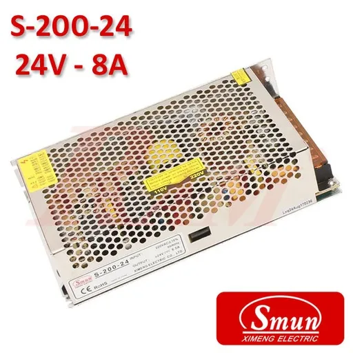مزود طاقة SMPS صناعي Smun S-200-24 بخرج 24 فولت تيار مستمر و8 أمبير