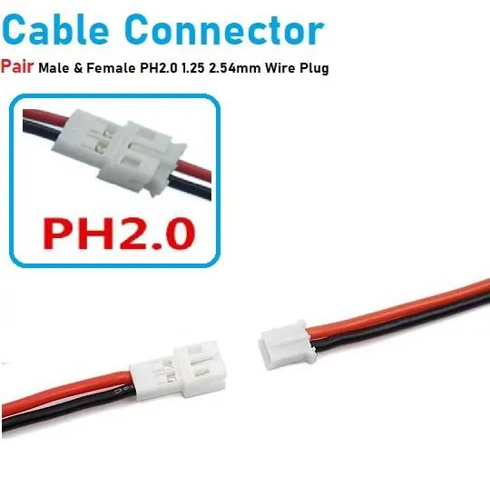 2-Pin XH Male and Female Connector Cable Pair, 26AWG Wire