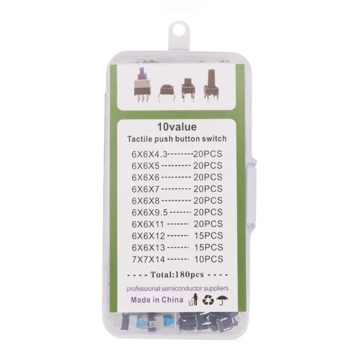 Tactile Push Button Kit 6x6mm 10 Values 180 Pcs