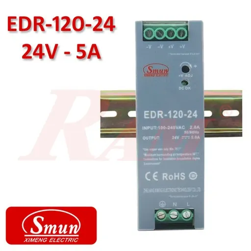 مزود طاقة SMPS صناعي لسكة DIN من Smun ‏+24 فولت / 5 أمبير ‏EDR-120-24