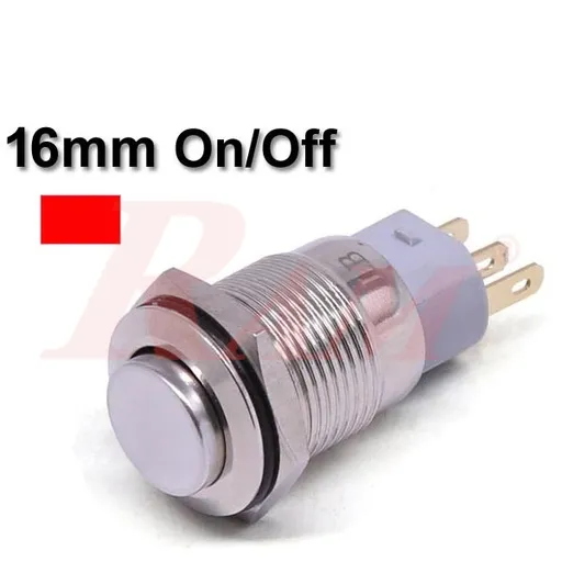 مفتاح On/Off معدني 16 مم بحلقة LED حمراء (IP67، 3A/250VAC)