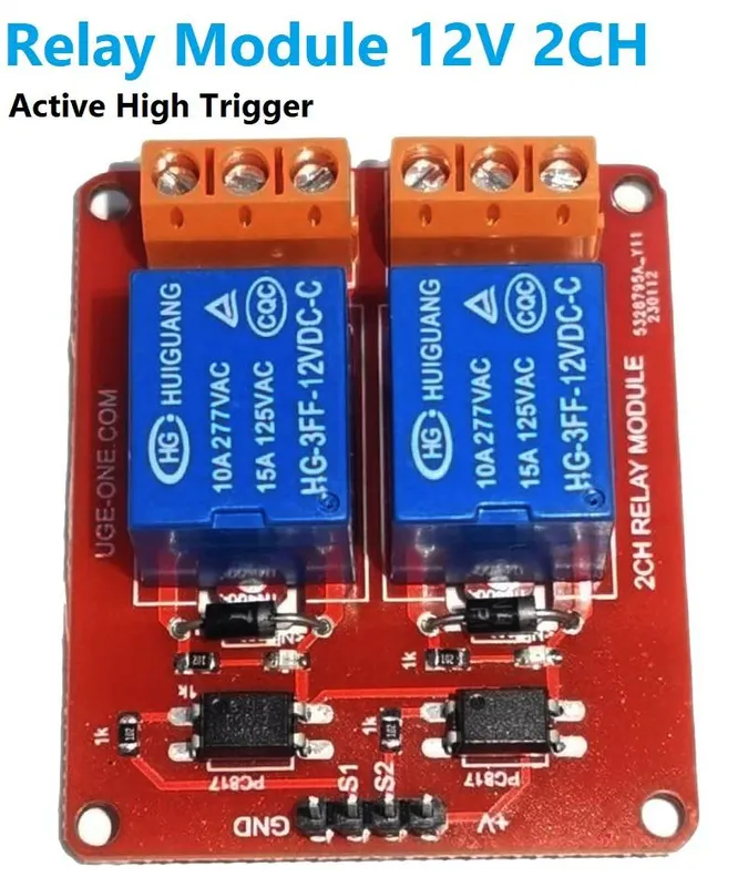 2-Channel 12V Relay Module, Optically Isolated, Active High Trigger