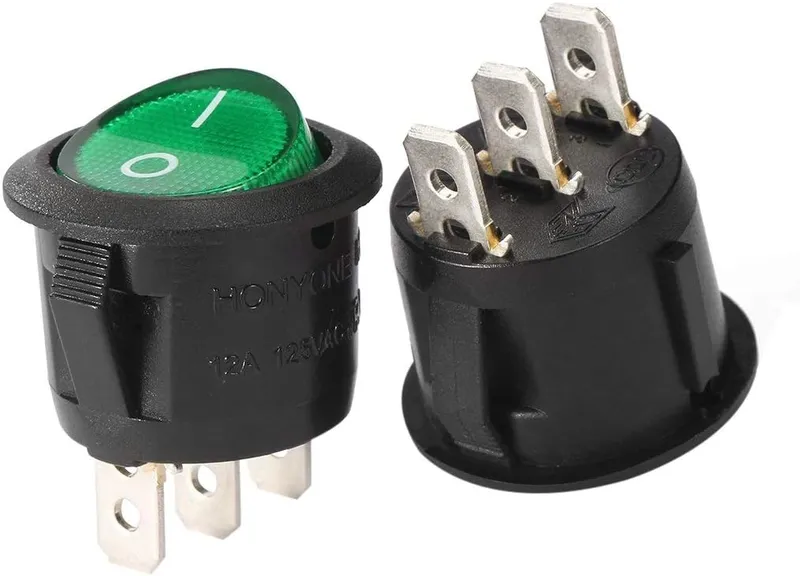 Round Rocker Switch with Green LED – 2-Pin, 6A 250VAC