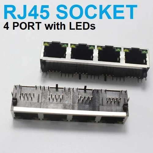RJ45 1x4 Shielded Modular Jack with LEDs, Through-Hole, Gold