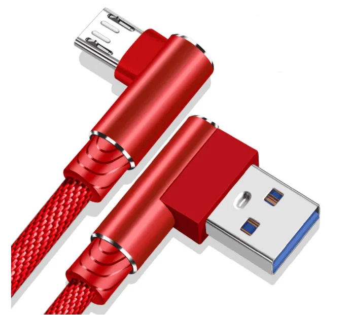 كابل بيانات USB أحمر لأجهزة أندرويد بطول 2 متر وزاوية 90 درجة مزدوجة