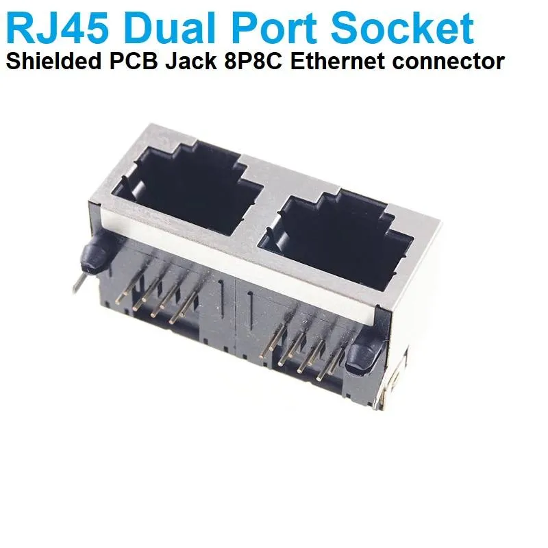 RJ45 Dual-Port Shielded PCB Jack 8P8C, Right Angle, Through-Hole