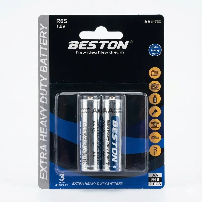 بطارية BESTON AA R6S بجهد 1.5 فولت زنك-كربون إكسترا هيفي ديوتي باللون الأزرق (كارت 2 قطعة)