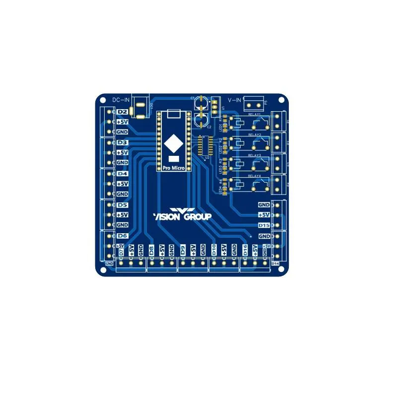 لوحة PCB لواجهة تحكم بأربعة مرحلات مع Arduino Pro Micro
