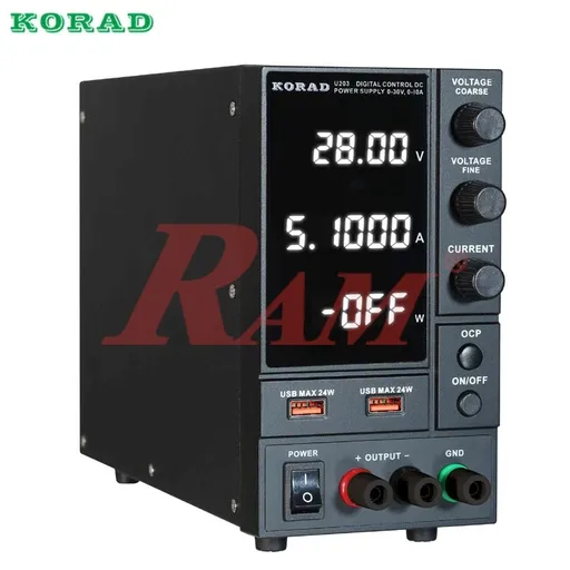 مزود طاقة مخبري KORAD U203 بخرج 0-30 فولت و10 أمبير و300 واط مع منفذي USB للشحن السريع