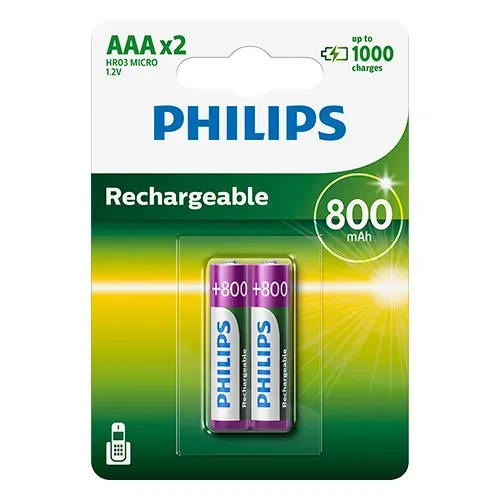 بطارية PHILIPS قابلة لإعادة الشحن NiMH مقاس AAA 1.2 فولت 800 مللي أمبير (عبوة من 2)