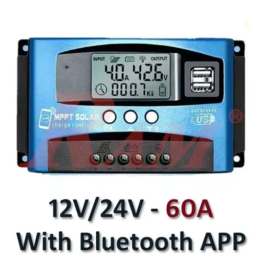 متحكم شحن شمسي MPPT ‏60 أمبير ‏12/24 فولت مع تطبيق Bluetooth