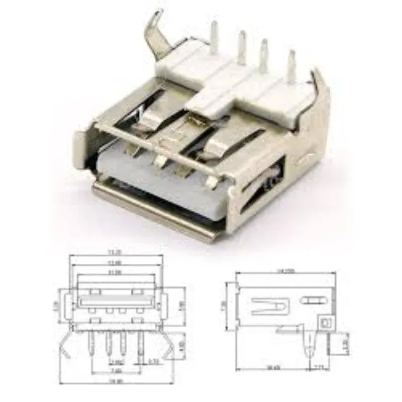 Female USB Type-A Connector, 4-Pin DIP Long, Right Angle PCB Mount