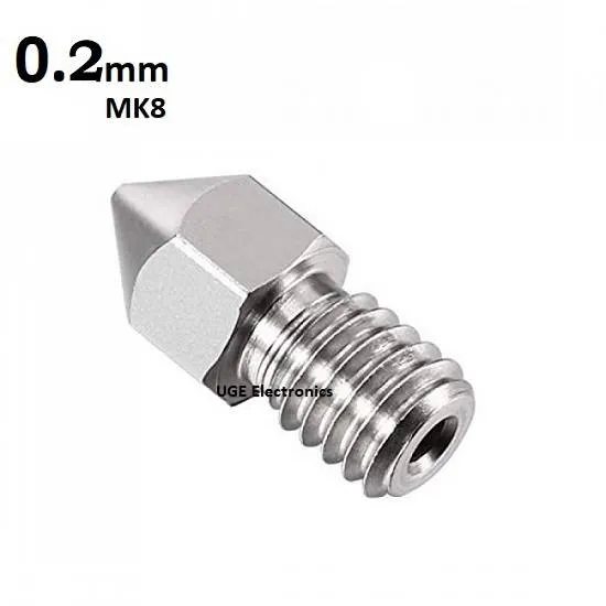 Mk8 Stainless Steel Extrusion Nozzle 0.2mm, M6 Thread