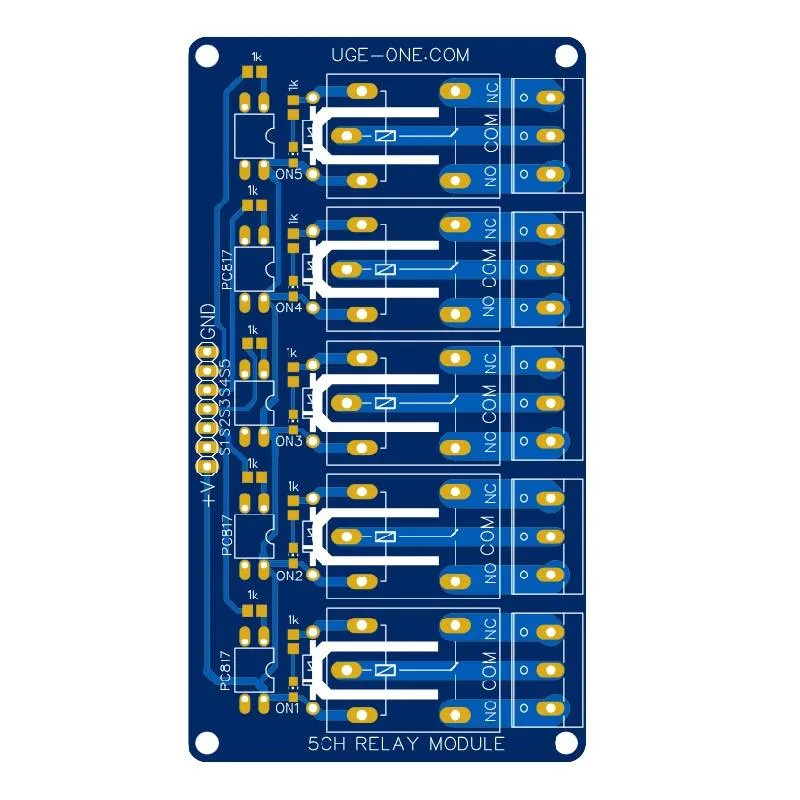 PCB for 5-Channel Relay Module, Supports 5V/12V/24V Relays