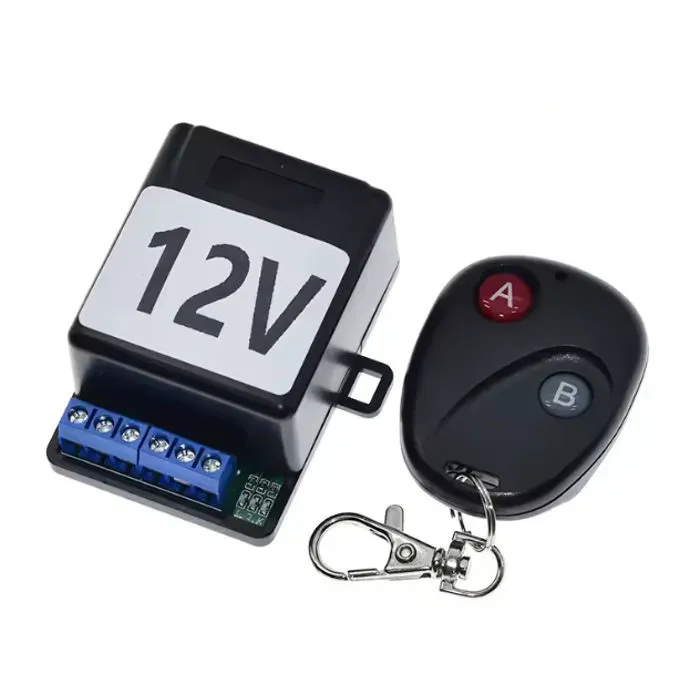 مفتاح ريلاي لاسلكي 433MHz بقناتين وجهد 12V DC مع جهاز تحكم عن بعد