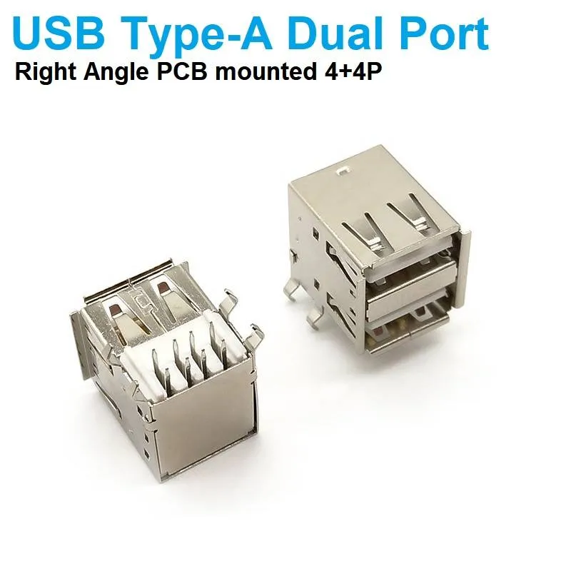 موصل USB Type-A أنثى مزدوج المنافذ للوحات PCB بتباعد 0.1 بوصة