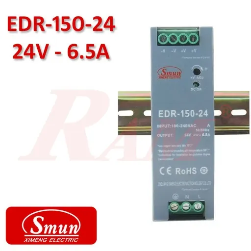 مزود طاقة SMPS صناعي لسكة DIN من Smun ‏+24 فولت / 6.5 أمبير ‏EDR-150-24