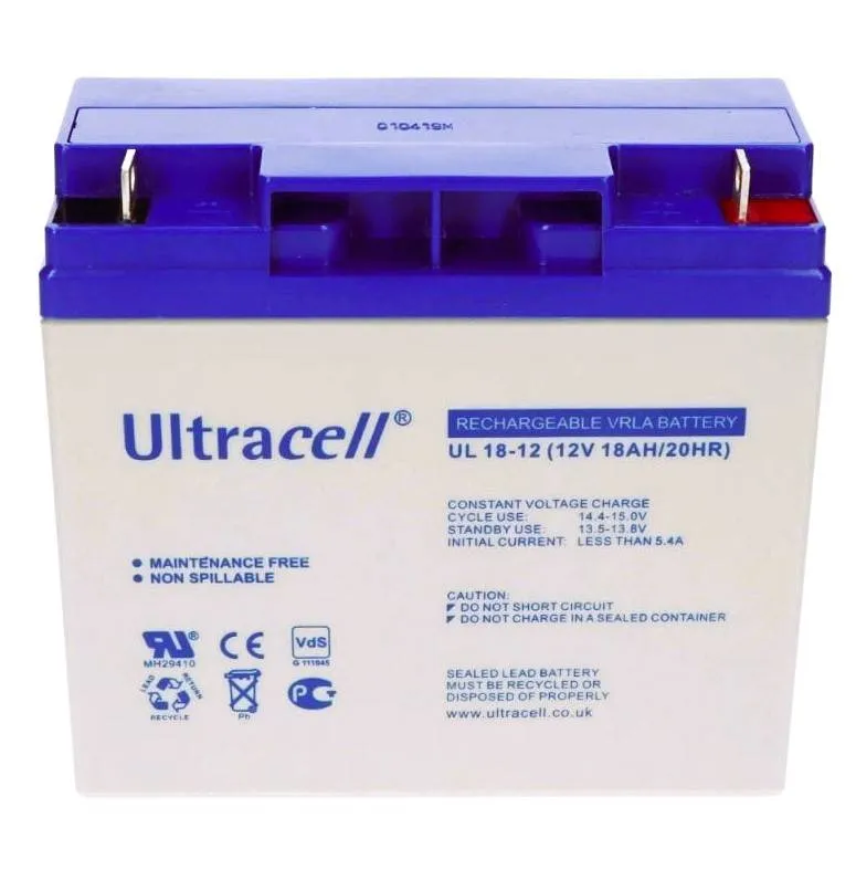 بطارية Ultracell جهد 12 فولت وسعة 18 أمبير ساعة من نوع Sealed Lead Acid